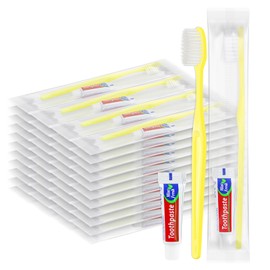 HOIQIRY Yellow Disposable Toothbrushes with Toothpaste - Pack of 100,Individually Wrapped Single Use Travel Toothbrushes Kit Bulk for Homeless,Guests,Hotel,Dentist