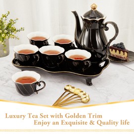 DUJUST 14 pcs Tea Set of 6 with Tea Tray & Spoons, Modern Diamond Design Tea/Coffee Cup Set with Golden Trim, Chic Porcelain Living Room Decor, Fine-china Teapot/Tea Party Set, Gift Package - Black