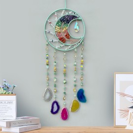 Agate Gemstone Large Dream Catchers, 7 Chakra Tree of Life Dream Catchers Wall Decor, Natural Agate Slice Wind Chime for Home Garden Suncatchers Decor, Adults Boys Girls Bless Gifts (Rainbow Moon)