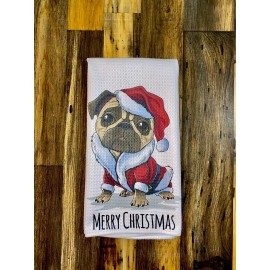 Holiday Kitchen Hand Towel PUG DOG Christmas Santa