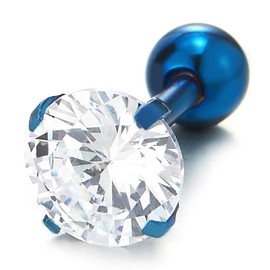 1 Pair of 6 mm White Cubic Zirconia, Men's Women's Blue Stud Earrings, Stainless Steel Screw Reverse, Cubic Zirconia, Cubic Zirconia