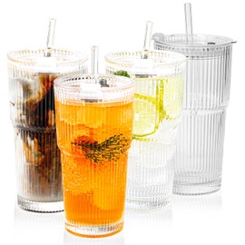 Sunidearly Ribbed Glass Tumbler Set of 4-20oz Coffee Tumbler with Lids and Straws - Leakproof Inverted for Iced Coffee, Smoothies & Cocktails - Glasses Drinking Set & Drinking Cups Durable Glassware