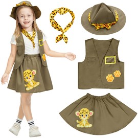 IKALI Girls Explorer Costume, Safari 4 Piece Vest Skirt Scarf Hat Kit for Kids Outdoor Adventure Zoo Keeper 4-6 Years