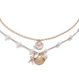 FDEETY Necklaces for Women 2 Pieces Shell Necklace Bohemian Puka Layered Starfish Surfer Chain for Women Summer Beach Holiday Beach Surfer Jewellery, Metal