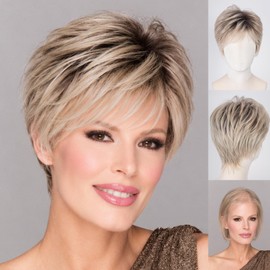 WIGYY Dark Root Ash Blonde Highlights Pixie Cut Wig for White Women – Short Curly Synthetic Wig with Bangs, Glueless New Cap Design, Lightweight Daily Wear Wig