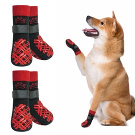 BEAUTYZOO Dog Socks to Prevent Licking Paws, Dog Booties for Small Medium Large Senior Dog Grip Socks, Traction Control Dog Shoes Paw Protectors for Hardwood Floors Anti Slip, Buffalo Plaid M