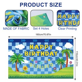 Blue with Gold Ring Print Happy Birthday Banner, Game Theme Background Banner Backdrop with Rope Cartoon Themed Party Decorations for Birthday, Indoor & Outdoor Celebrations for Boys and Girls