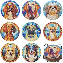 LLARREH 8PCS Dog Diamond Art Coasters Kits, DIY Diamonds Dots for Adults Dogs Coaster for Home Office Dog-Lover Gifts Painting Coaster