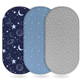 Unnivoll Baby Bassinet Sheets Girl Boy, Fitted Bassinet Sheet Set 3 Pack Bassinet Mattress Sheets Universal Fit for Rectangle, Round, Oval, Hourglass Mattress, Soft Breathable Blue Gray Planet