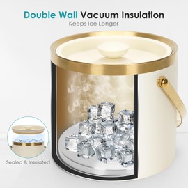 ZORMY 3L Double-Wall Vacuum Insulated Stainless Steel Ice Bucket with Lid & Tong，Wine and Champagne Bucket for Home & Parties（WhiteGold）