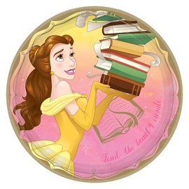 Beauty and the Beast Belle Party Supply Bundle Set for 16 includes 16 Lunch Paper Plates, 16 Paper Napkins, 1 Yellow Table Cover, 1 Giant Happy Birthday Banner, 8 Tattoos