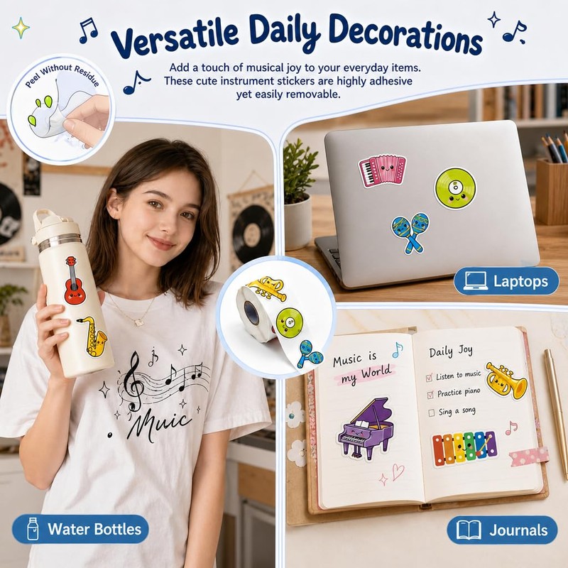 1.5 inches 500pcs Cute Music Stickers Roll, 8 Instrument Designs