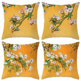 Betadistor Cushion Covers 18" x 18" Peach blossom Flowers Decorative Throw Pillow Covers Polyester Linen Pillowcase for Sofa Garden Outdoor Home Decor Set of 4, Flowers, 511-0220