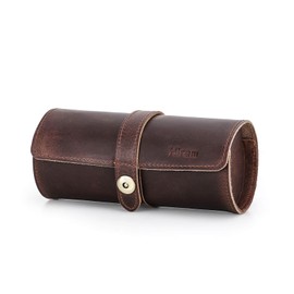 Hiram Estuche de cuero Crazy Horse hecho a mano para 3 relojes, Caja de almacenamiento de viaje Organizador con pantalla para relojes de pulsera, con cojín antivuelco y cierre magnético