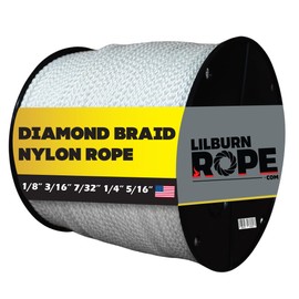 LILBURN ROPE CO. Diamond Braid Nylon Lightweight White Rope - 1/8" x 100 Foot Coil - Thick Cord, Flag Pole, Outdoor, Sailing, Clothes Line, Tarp Tie Down