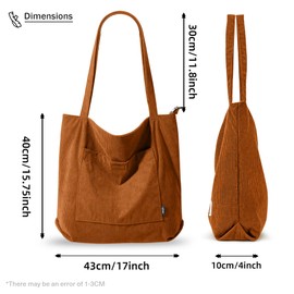 KALIDI Corduroy Tote Bag with Zipper Waterproof Cord Tote Bag for Women with Pockets Compartments Large Capacity Shoulder Bags Handbags for School Work Shopping Travel Daily Use (brown)