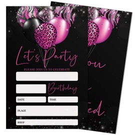 SIXEIGHT Let's Party Birthday Invitations, Leopard Print Balloons Invitations, 20 Fill-in Style Birthday Party Invitations with Envelopes for Girls Boys, Birthday Party Favor & Decoration (4"x6")-B18