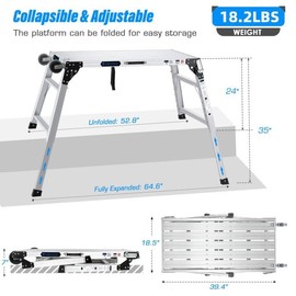 ORIENTOOLS Adjustable Work Platform + Wheels & Handle, (39.4" X 18.5") Portable Folding Aluminum Step Ladder, Scaffolding of Capacity 330 LBS Heavy Duty, 7 Gear Adjustable Height 24 “-35”