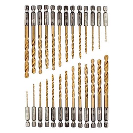 26 Piece Titanium Drill Bit Set, hex Shank high Speed Steel Drill bits, 1.5-6.5mm High Speed Steel,Titanium Coated HSS Drill Bit Set, Quick Change, 1/4" Hex Shank