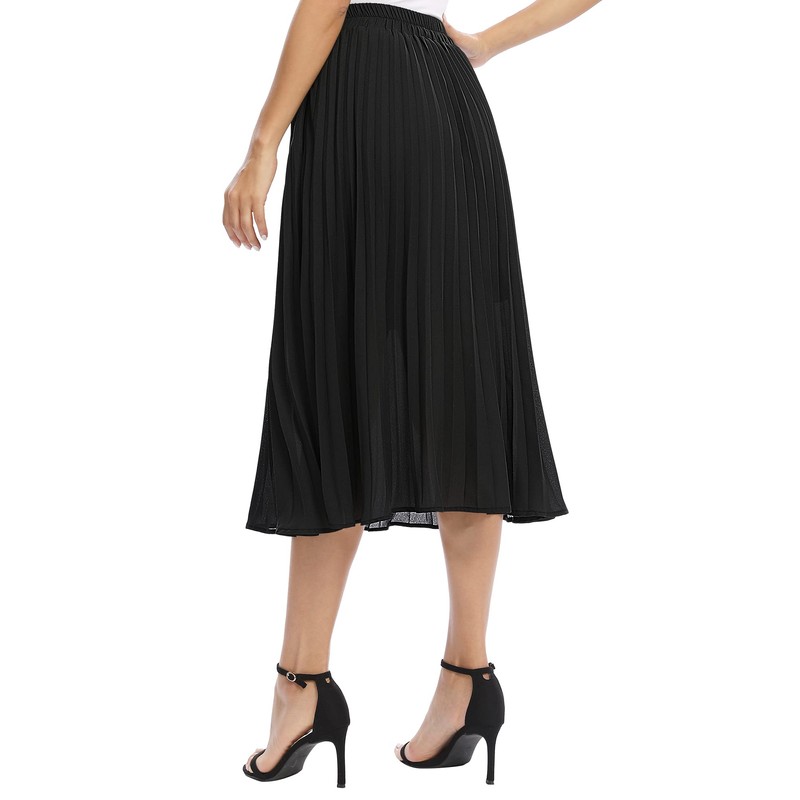 EXCHIC Women's Casual Chiffon Elastic Waist One Line Pleated Midi