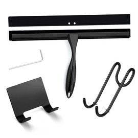 Shower Squeegee, 12 Inch Bathroom Squeegee with Spare Silicone Blade, Shower Door Hook and Adhesive Hook Glass, Stainless Steel Squeegee for Shower Glass Window Bathroom Mirror (12in-Black-Pack of 1)