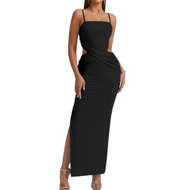 EYNMIN Spaghetti Strap Long Formal Dress Cut Out Ruched Bodycon Split Elegant Wedding Guest Maxi Dresses for Women Black