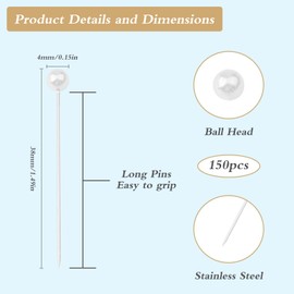 150 PCS Pearl Pins for Bouquets, 1.4 Inch Boutonniere Pin Corsage FloralPins Sewing Pins for Fabric, Round Ball Pearl Head Straight Pin for DIY Crafts Jewelry Making Sewing Wedding Flower