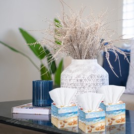 Fourluoo 12 Pack Spring Facial Tissues Cube Face Boxes 600 Sheets 3 Ply Small Square Tissues Bulk for Spring Summer Car Bedroom Supplies(Ocean Shells)