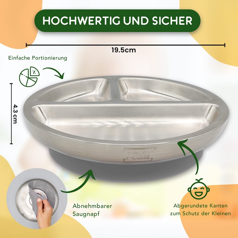 Rilli Stainless Steel Suction Cup Plate, Non-Slip Baby Tableware, Baby