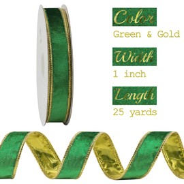 MEEDEE Crushed Green Velvet Ribbon with Gold Back Double Sided Christmas Wired Ribbon 1 Inch Velvet Wired Ribbon 25 Yards Green and Gold Velvet Ribbon for Christmas Tree, Wreath Supplies, Crafts Bow