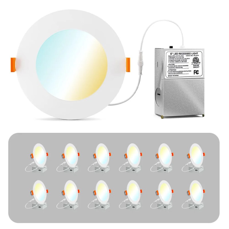 12-Pack Ultra-Thin 6 Inch 5CCT LED Recessed Ceiling Light Dimmable