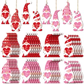 48 Piece Valentine's Day Gnome Ornament Valentine's Day Hanging Ornament Cute Elf Wooden Decor Valentine's Day Heart Wooden Decoration for Home Wedding Anniversary Party Decor (Red, Pink)
