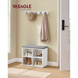 VASAGLE Shoe Bench with Cushion, Shoe Storage Bench with 4 Compartments and 2 Adjustable Shelves, Entryway Bench with Padded Seat, for Bedroom, Closet, Living Room, Cloud White ULHS234W01
