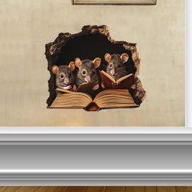 2 Pcs Mouse Hole Wall Decal with 3D Effect – Whimsical Removable Vinyl Sticker for Kids' Rooms & Home Decor (Mouse Reads-4)