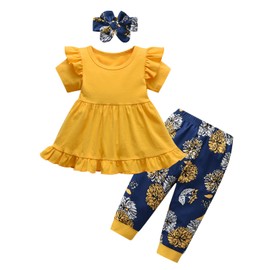 Infant Baby Girls Clothes Toddler Ruffle Short Sleeve Solid Color Sweatshirt Pullover Tops Floral Pants Headband 3pcs Outfits Set Yellow 18-24 Months