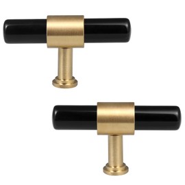 mookaitedecor Set of 2 T-Bar Crystal Drawer Pulls Handles with Screws, Brushed Brass Stone Knobs for Cabinet Kitchen Dresser, Black Obsidian