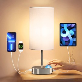 KPQ Bedside Lamp Touch Control Table Lamp with USB A+C Charging Ports & AC Outlet 3-Way Dimmable Nightstand Lamp with Linen Fabric Shade for Bedroom Living Room(Light Bulb Included)
