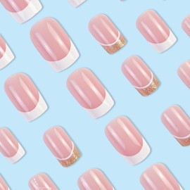 Press on Nails Medium Square Fake Nails White French Tip Nails Press ons Glitter Acrylic Nails Pink False Nails with Heart Designs Artificial Stick on Nails for Women 24Pcs