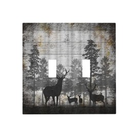 Wpshijia Rustic Deer Forest Vintage Wood Board Double Toggle Boho Light Switch Covers Decorative Country Unique 2 Gang Wall Plate Dual Electrical Faceplate Switchplate for Farmhouse Cabin Decor