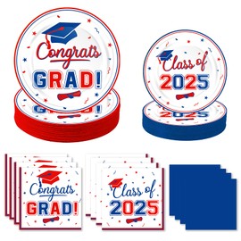 200 Pcs Graduation Table Decorations Party Supplies - Red Blue Graduation Plates and Napkins Class of 2025 Disposable Dinnerware Set for College High School Congrats Graduation Party Favors, Serve 50