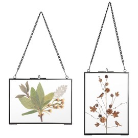 JUXYES Set of 2 Brass Wall Hanging Photo Frame, Golden Glass Hanging Picture Artwork Display Frame, Double Glass Floating Frame Style Gallery Wall Frame for Photo Picture Poster etc