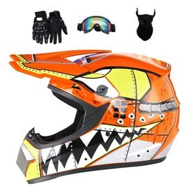 Senhill Motocross Helmet Dirt Bike Helmet Shark Pattern ATV Street Motorcycle Helmet with Gloves Goggles Mask for Unisex Youth Kids DOT/FMVSS 218 Approved (Orange, L)