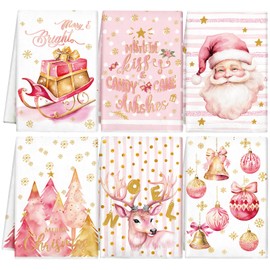 Hosuly 6 Pcs Christmas Kitchen Towels Pink White Gold Dish Towels Decorative Christmas Tea Towels Santa Elk Sleigh Rides Noel Xmas Hand Towels Cute Housewarming Gifts for Kitchen Holiday Xmas