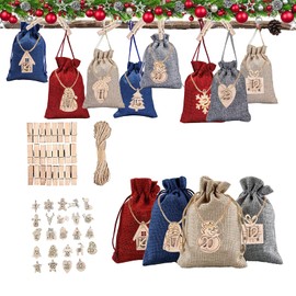 Christmas Advent Calendar Bags 24 Days Countdown Burlap Gift Pouches Festival DIY Candy Fill Sacks for Christmas Home Office Decor (Pure Color)