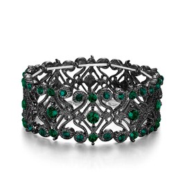 BriLove Wedding Bridal Bracelet for Brides, Women's Round Crystal Bangle Diamond Stretch Tennis Green Black-Tone