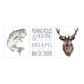 Watercolor Bass and Deer Hunting Fishing Quote Nursery Little Boys Room Unframed Set of 3 Prints Rustic Nature Outdoor Themed Decor