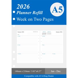 newestor 2026 Weekly Planner Refill for A5 Ring Binder, 6 Holes, Week on Two Pages, 5.8“x8.3"
