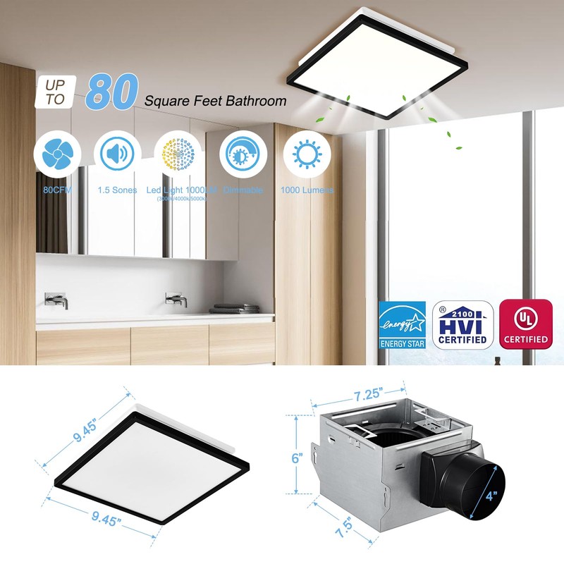 Tech Drive Bathroom Exhaust Fan with Light,80CFM 1.5Sone,Super Quiet Bathroom