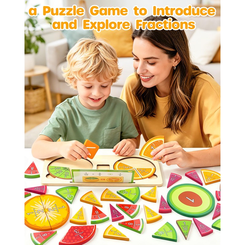 D-FantiX Wooden Fruit Fraction Manipulatives, Wood Fraction Tiles & Fraction