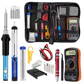 Electric Sodering Iron Kit set 110V 60W Adjustable Temperature Soldering Iron Digital Multimeter 5pcs Soldering Tips Solder Wire Stand, Desoldering Pump Tweezers Welding Tool Screwdriver wire stripper